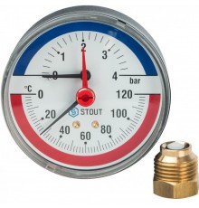 Термоманометр аксиальный 80 мм 1/2" с автоматическим запорным клапаном, 4 бар, 120°C STOUT