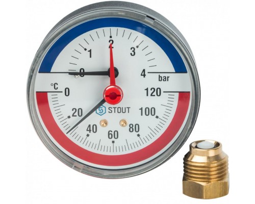 Термоманометр аксиальный 80 мм 1/2" с автоматическим запорным клапаном, 4 бар, 120°C STOUT