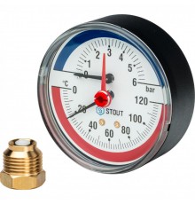 Термоманометр аксиальный 80 мм 1/2" с автоматическим запорным клапаном, 6 бар, 120°C STOUT