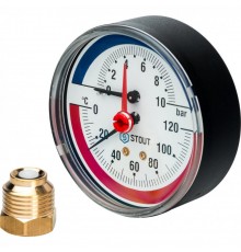 Термоманометр аксиальный 80 мм 1/2" с автоматическим запорным клапаном, 10 бар, 120°C STOUT