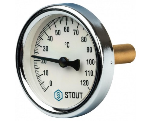 Термометр биметаллический 63 мм 1/2", 120°C с самоуплотнением и погружной гильзой 50 мм STOUT