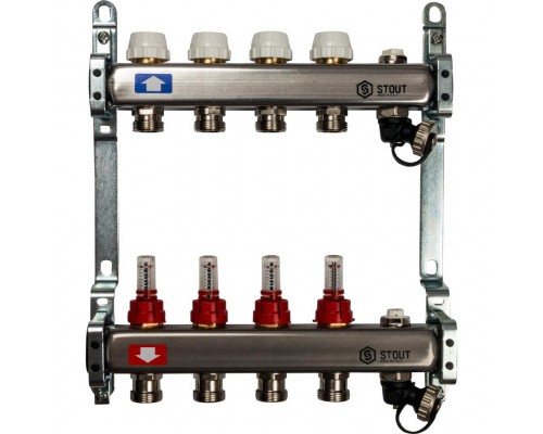Коллекторная группа с запорными кранами из нержавеющей стали с расходомерами на 4 выхода STOUT