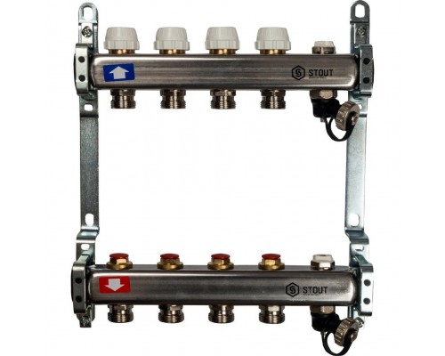Коллекторная группа из нержавеющей стали без расходомеров, с клапаном выпуска воздуха и сливом на 4 выхода STOUT