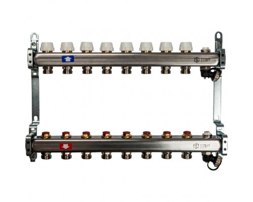 Коллекторная группа из нержавеющей стали без расходомеров, с клапаном выпуска воздуха и сливом на 8 выходов STOUT