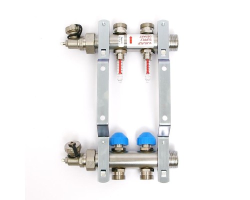 Коллекторная группа из нержавеющей стали с расходомерами и термостатическими вентилями, 5 бар 1" на 2 выхода Uni-Fitt
