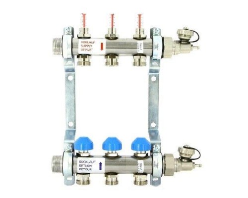 Коллекторная группа из нержавеющей стали с расходомерами и термостатическими вентилями, 5 бар 1" на 3 выхода Uni-Fitt