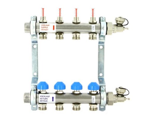 Коллекторная группа из нержавеющей стали с расходомерами и термостатическими вентилями, 5 бар 1" на 4 выхода Uni-Fitt