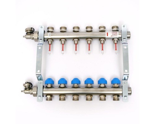 Коллекторная группа из нержавеющей стали с расходомерами и термостатическими вентилями, 5 бар 1" на 6 выхода Uni-Fitt