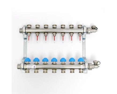 Коллекторная группа из нержавеющей стали с расходомерами и термостатическими вентилями, 5 бар 1" на 7 выхода Uni-Fitt