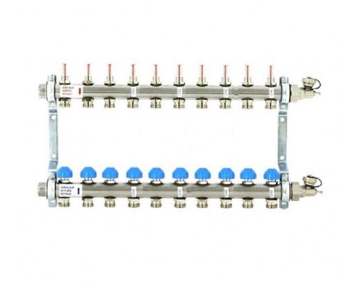 Коллекторная группа из нержавеющей стали с расходомерами и термостатическими вентилями, 5 бар 1" на 10 выхода Uni-Fitt