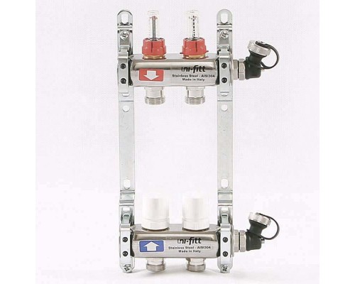 Коллекторная группа из нержавеющей стали с расходомерами и термостатическими вентилями, 6 бар 1" на 2 выхода Uni-Fitt