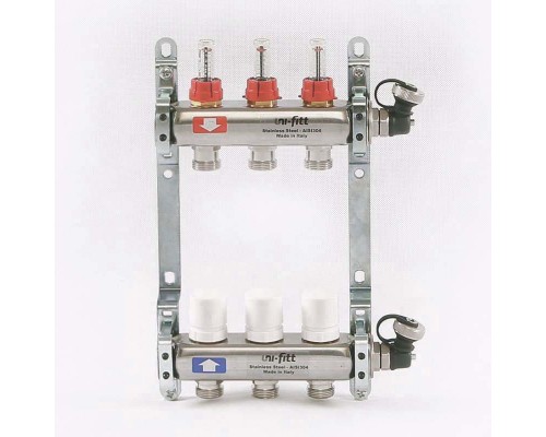 Коллекторная группа из нержавеющей стали с расходомерами и термостатическими вентилями, 6 бар 1" на 3 выхода Uni-Fitt