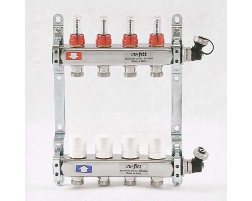 Коллекторная группа из нержавеющей стали с расходомерами и термостатическими вентилями, 6 бар 1" на 4 выхода Uni-Fitt