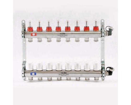 Коллекторная группа из нержавеющей стали с расходомерами и термостатическими вентилями, 6 бар 1" на 8 выхода Uni-Fitt