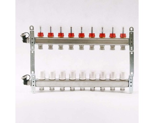 Коллекторная группа из нержавеющей стали с расходомерами и термостатическими вентилями, 6 бар 1" на 9 выхода Uni-Fitt