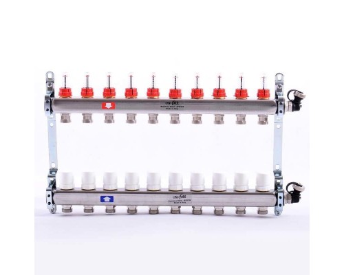Коллекторная группа из нержавеющей стали с расходомерами и термостатическими вентилями, 6 бар 1" на 10 выхода Uni-Fitt