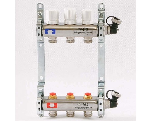 Коллекторная группа из нержавеющей стали с регулировочными и термостатическими вентилями, 10 бар 1" на 3 выхода Uni-Fitt