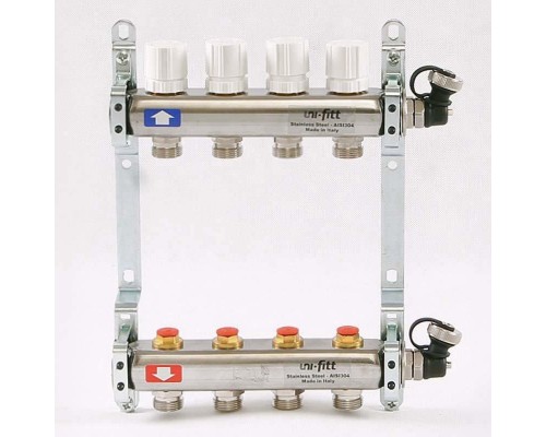 Коллекторная группа из нержавеющей стали с регулировочными и термостатическими вентилями, 10 бар 1" на 4 выхода Uni-Fitt