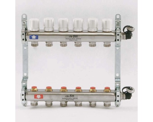 Коллекторная группа из нержавеющей стали с регулировочными и термостатическими вентилями, 10 бар 1" на 6 выхода Uni-Fitt