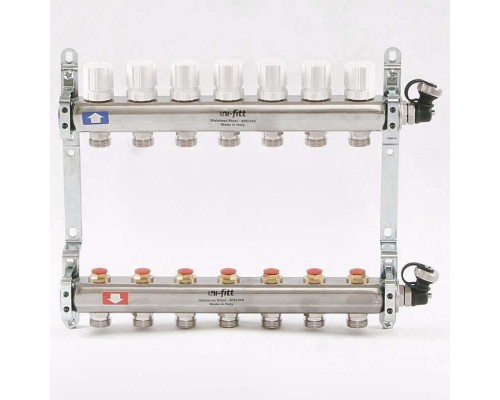 Коллекторная группа из нержавеющей стали с регулировочными и термостатическими вентилями, 10 бар 1" на 7 выхода Uni-Fitt