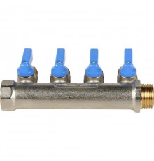 Коллектор распределительный 3/4" с запорными кранами и 4 отводами 1/2", ручки синие STOUT
