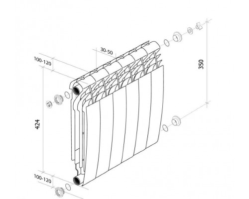 Радиатор биметаллический секционный Royal Thermo Biliner Noir Sable 350 6 секций, боковое подключение