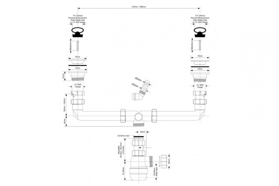 Сифон бутылочный для 2-х раковин 1 1/2"х40 с выпусками McAlpine MRSK5-A
