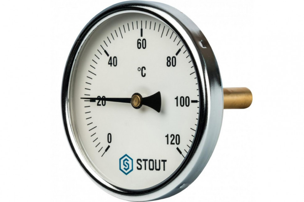 Термометр биметаллический 100 мм 1/2", 120°C с погружной гильзой 75 мм STOUT