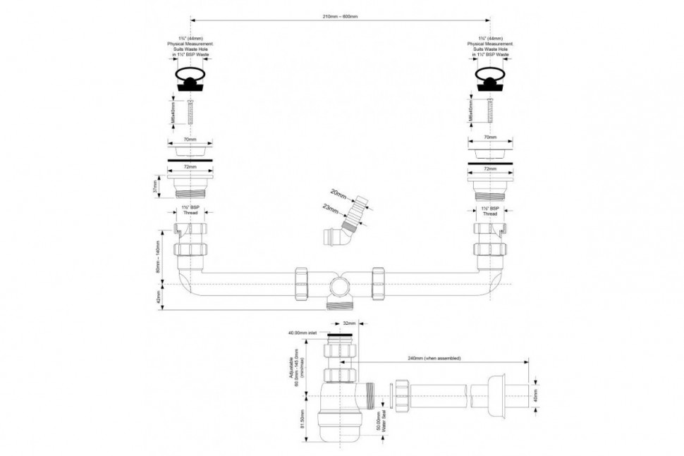 Сифон бутылочный для 2-х раковин 1 1/2"х40 с выпусками McAlpine MRSK5