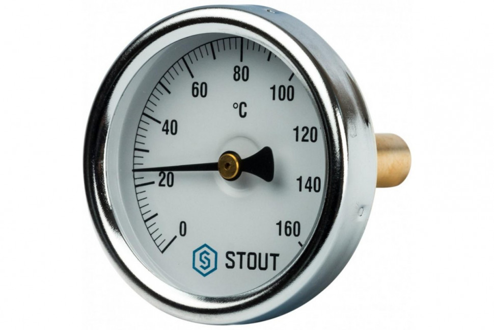 Термометр биметаллический 63 мм 1/2", 160°C с погружной гильзой 50 мм STOUT