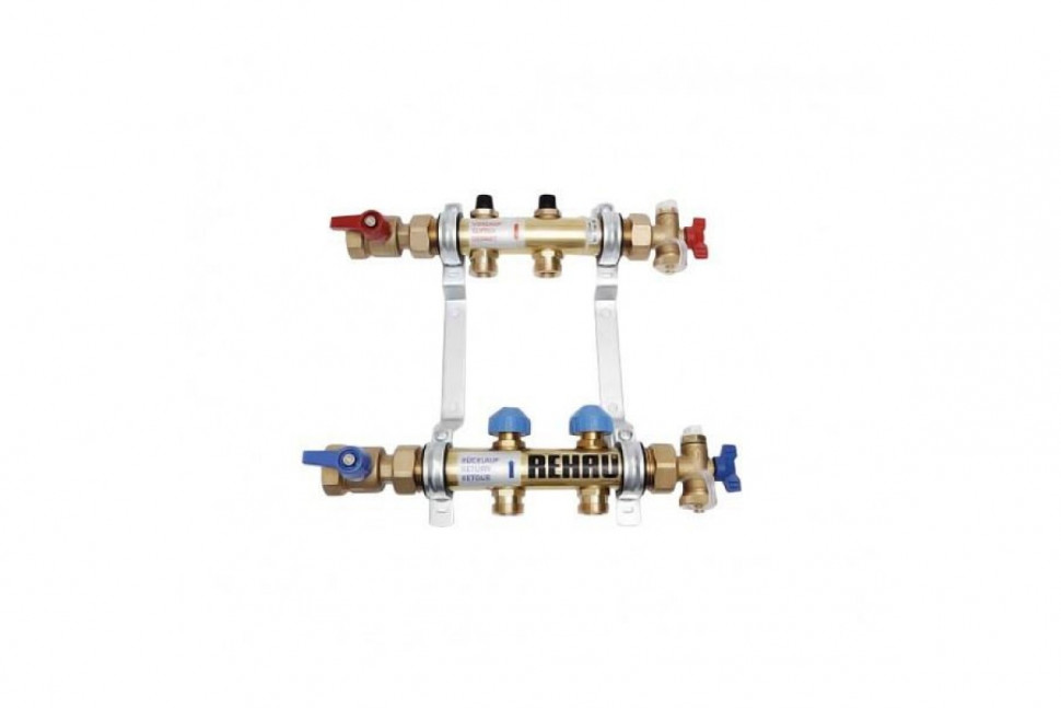 Коллекторная группа из нержавеющей стали HKV 1"x3/4"ЕК на 2 выхода с регулирующими и термостатическими вентилям REHAU