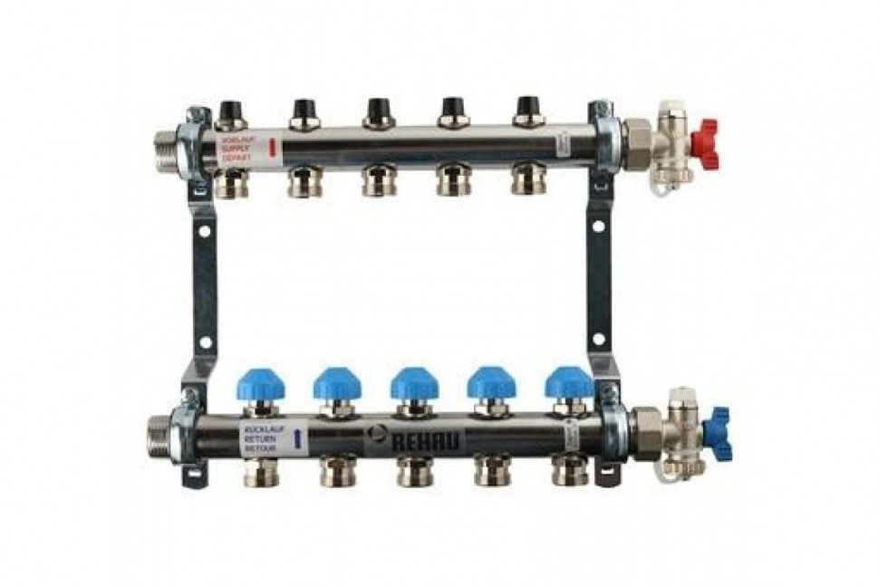 Коллекторная группа из нержавеющей стали HKV 1"x3/4"ЕК на 5 выходов с регулирующими и термостатическими вентилям REHAU