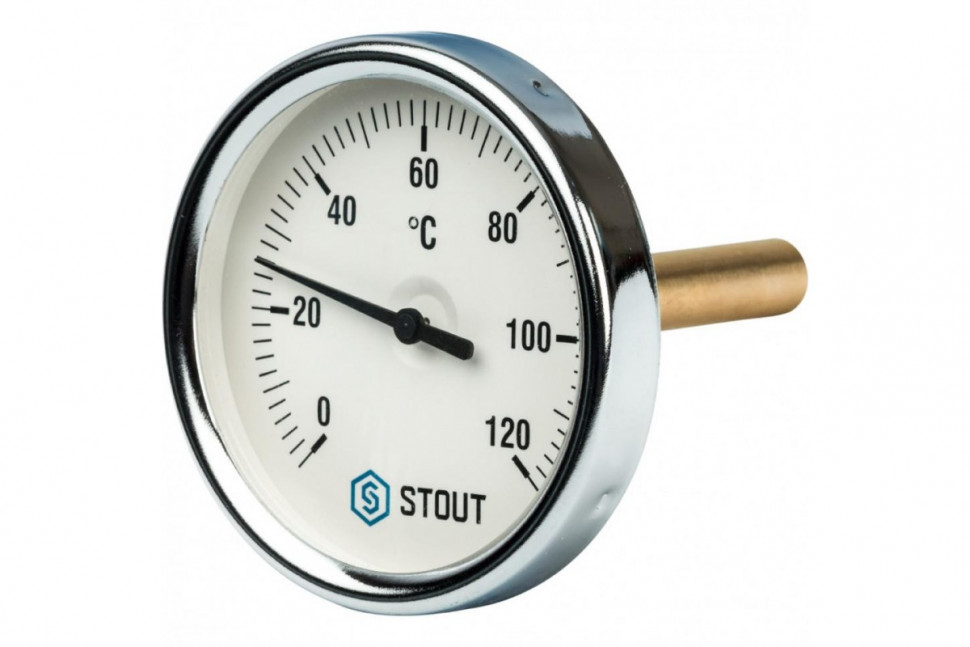 Термометр биметаллический 80 мм 1/2", 120°C с погружной гильзой 75 мм STOUT