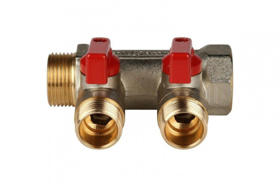 Коллектор распределительный 3/4" с запорными кранами и 2 отводами 1/2", ручки красные STOUT