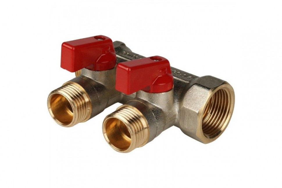 Коллектор распределительный 3/4" с запорными кранами и 2 отводами 1/2", ручки красные STOUT
