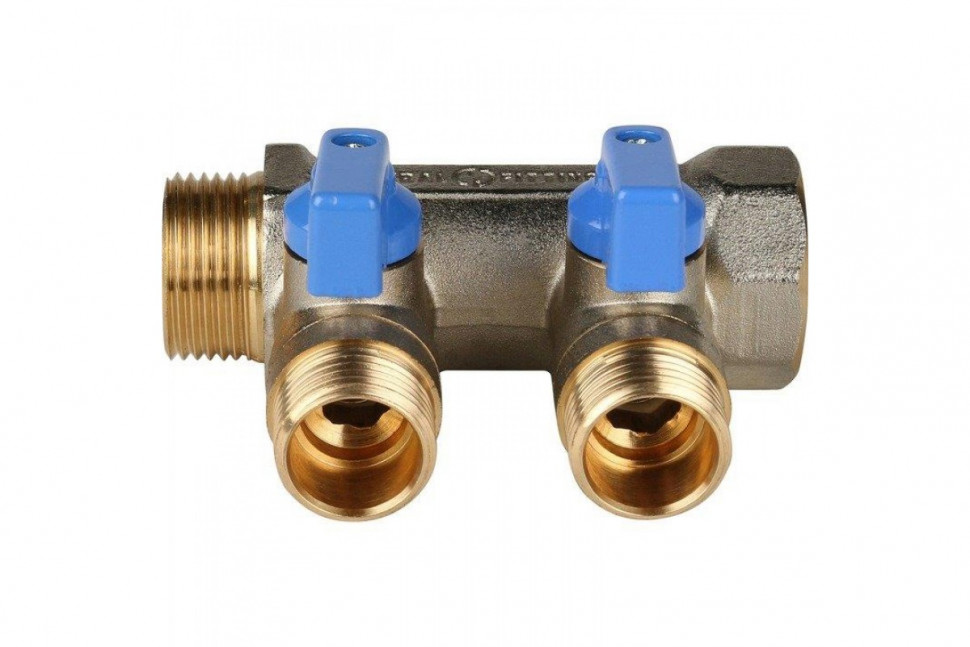 Коллектор распределительный 3/4" с запорными кранами и 2 отводами 1/2", ручки синие STOUT
