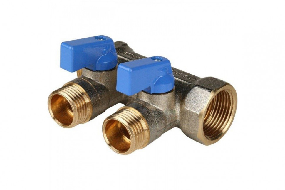 Коллектор распределительный 3/4" с запорными кранами и 2 отводами 1/2", ручки синие STOUT