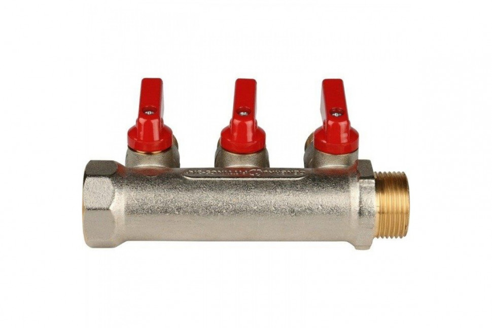 Коллектор распределительный 3/4" с запорными кранами и 3 отводами 1/2", ручки красные STOUT