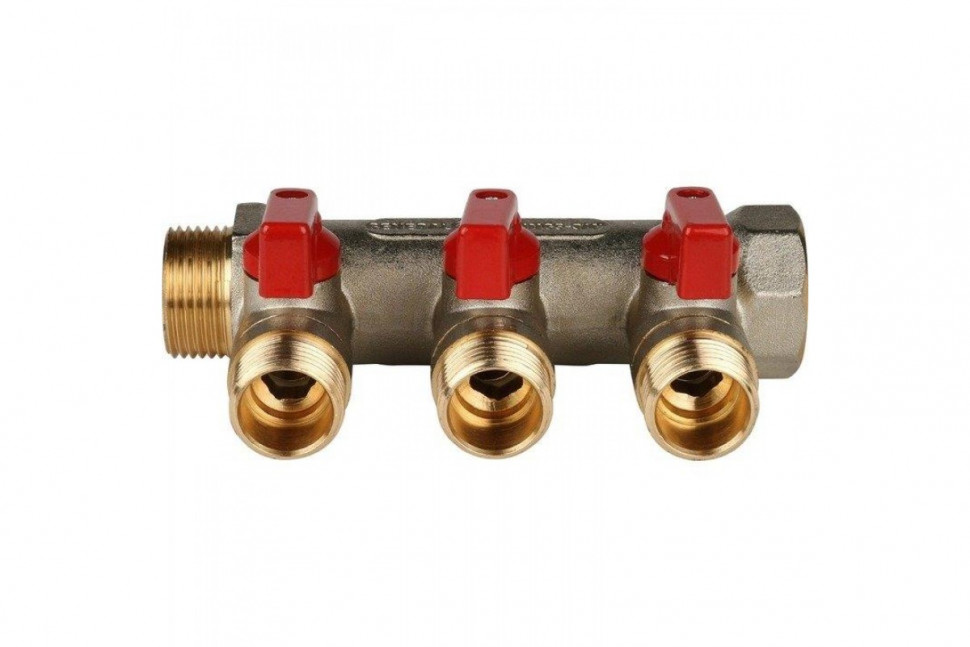 Коллектор распределительный 3/4" с запорными кранами и 3 отводами 1/2", ручки красные STOUT