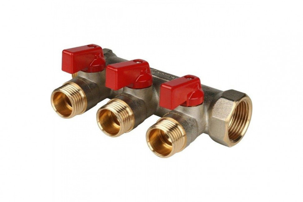 Коллектор распределительный 3/4" с запорными кранами и 3 отводами 1/2", ручки красные STOUT