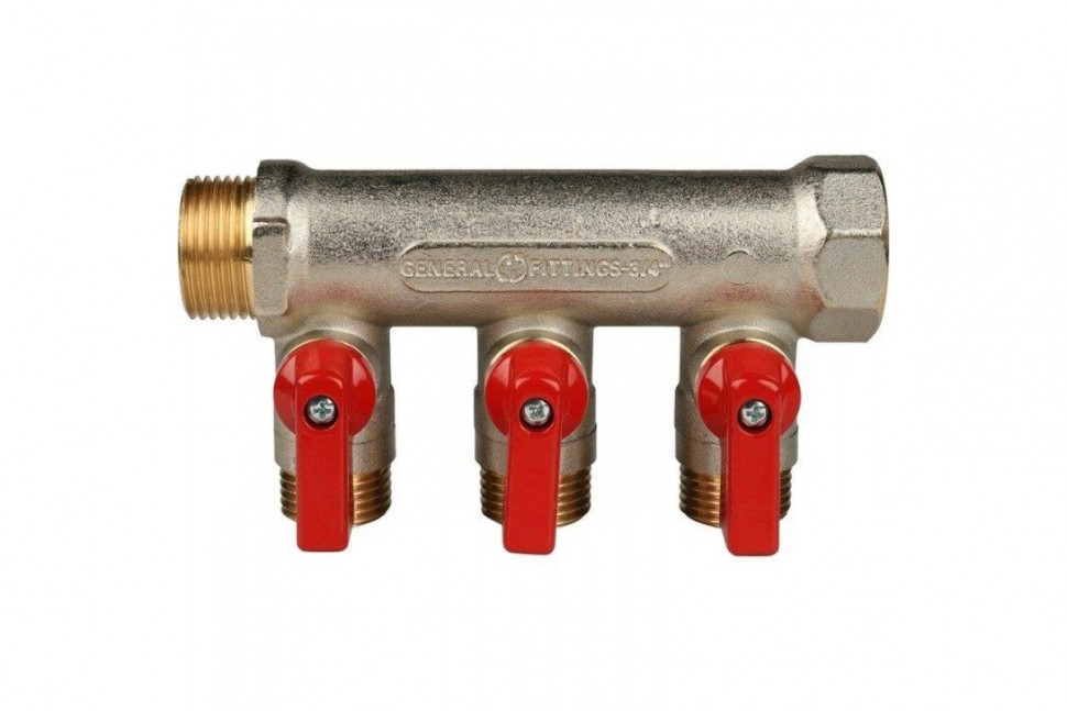 Коллектор распределительный 3/4" с запорными кранами и 3 отводами 1/2", ручки красные STOUT