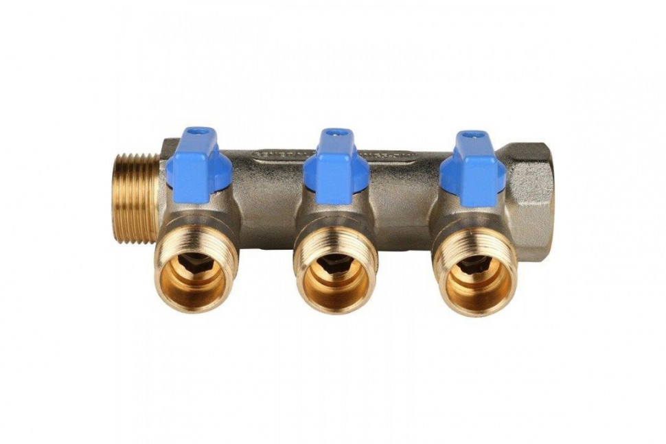 Коллектор распределительный 3/4" с запорными кранами и 3 отводами 1/2", ручки синие STOUT