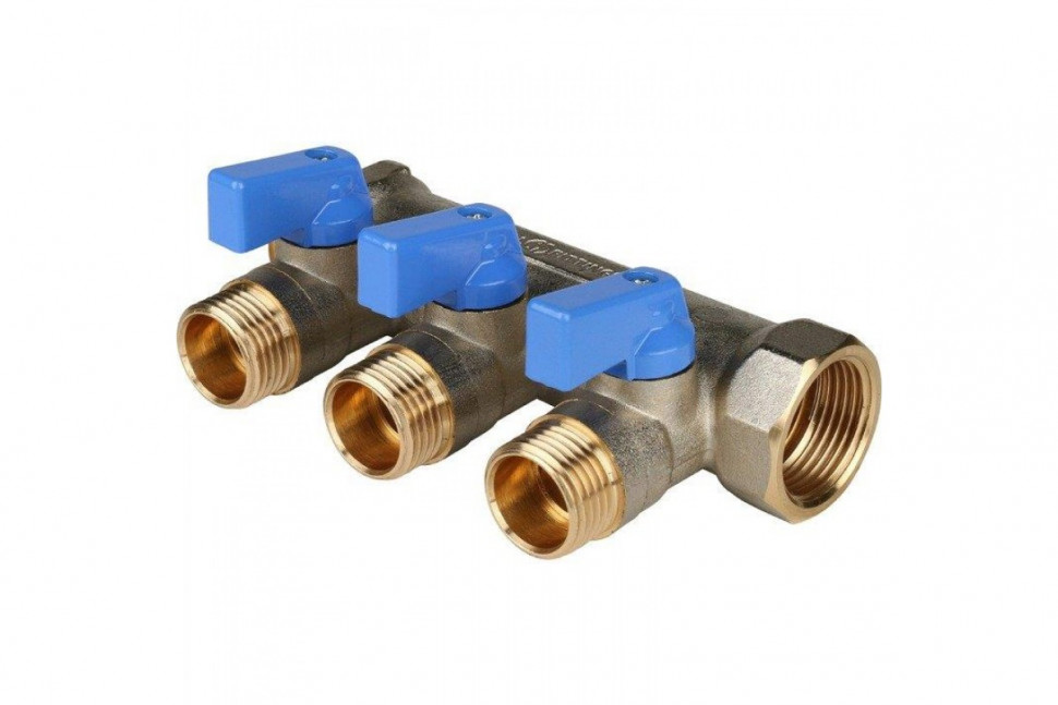 Коллектор распределительный 3/4" с запорными кранами и 3 отводами 1/2", ручки синие STOUT