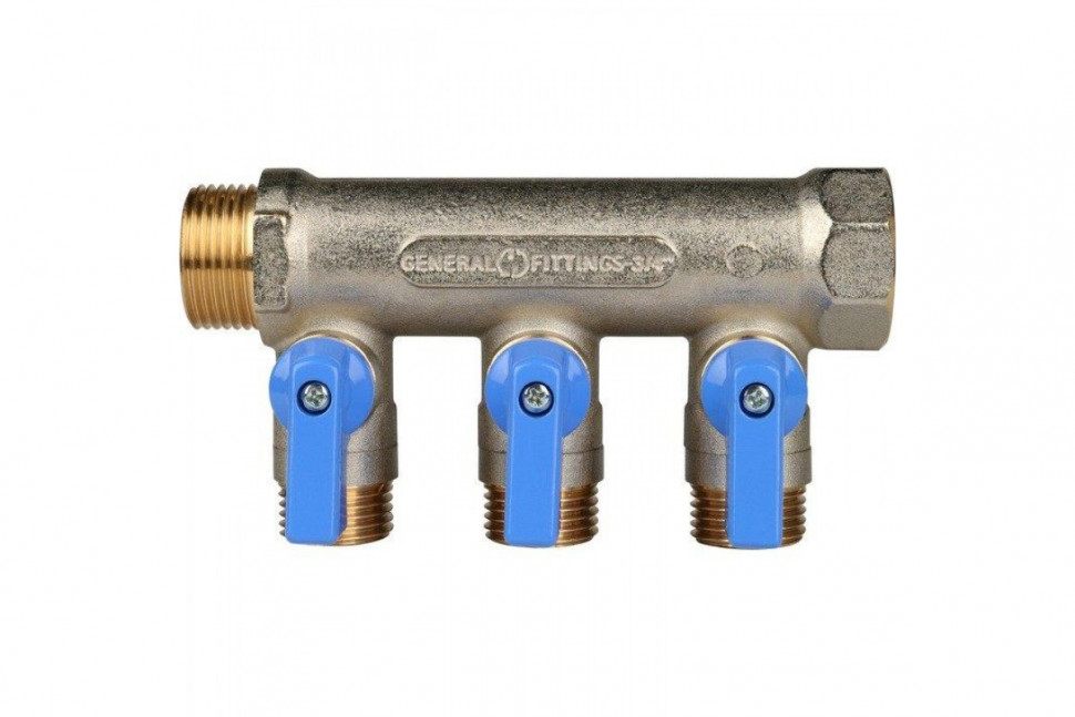 Коллектор распределительный 3/4" с запорными кранами и 3 отводами 1/2", ручки синие STOUT