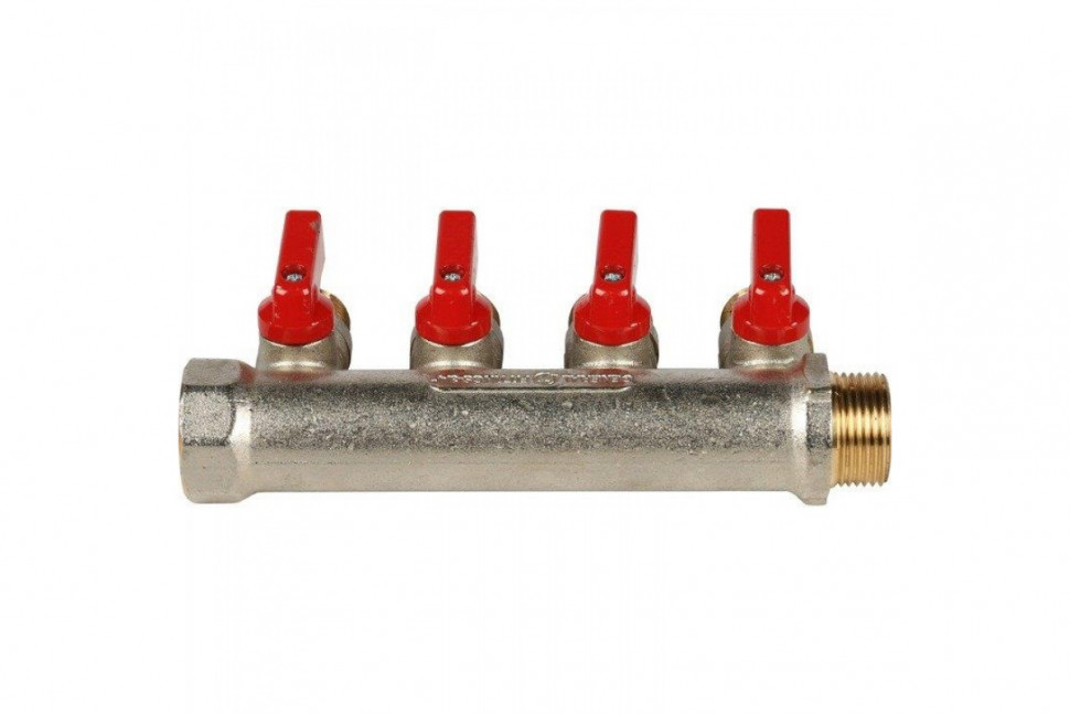 Коллектор распределительный 3/4" с запорными кранами и 4 отводами 1/2", ручки красные STOUT