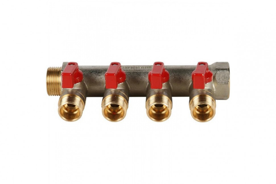 Коллектор распределительный 3/4" с запорными кранами и 4 отводами 1/2", ручки красные STOUT