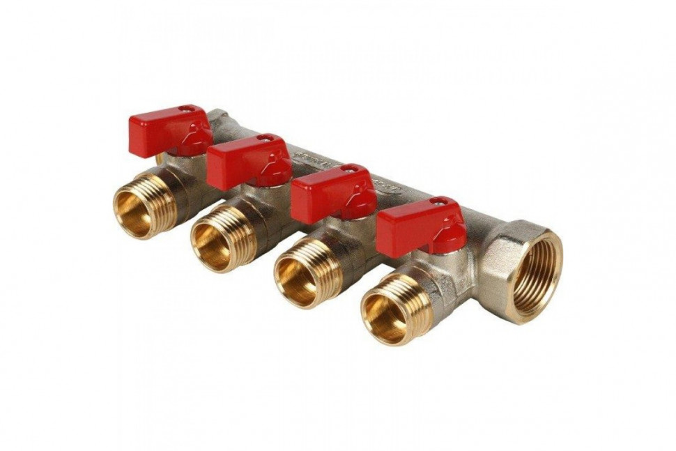 Коллектор распределительный 3/4" с запорными кранами и 4 отводами 1/2", ручки красные STOUT