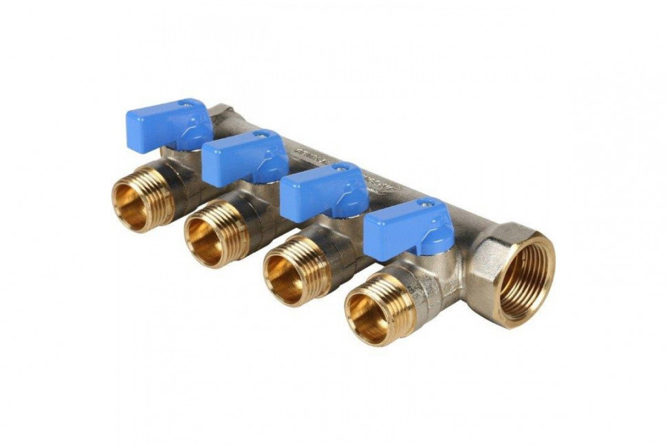 Коллектор распределительный 3/4" с запорными кранами и 4 отводами 1/2", ручки синие STOUT