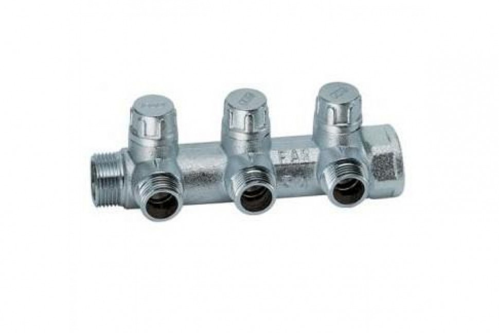 Запорный коллектор распределительный 3/4" ВР-НР с 3 отводами 1/2" НР, хром FAR